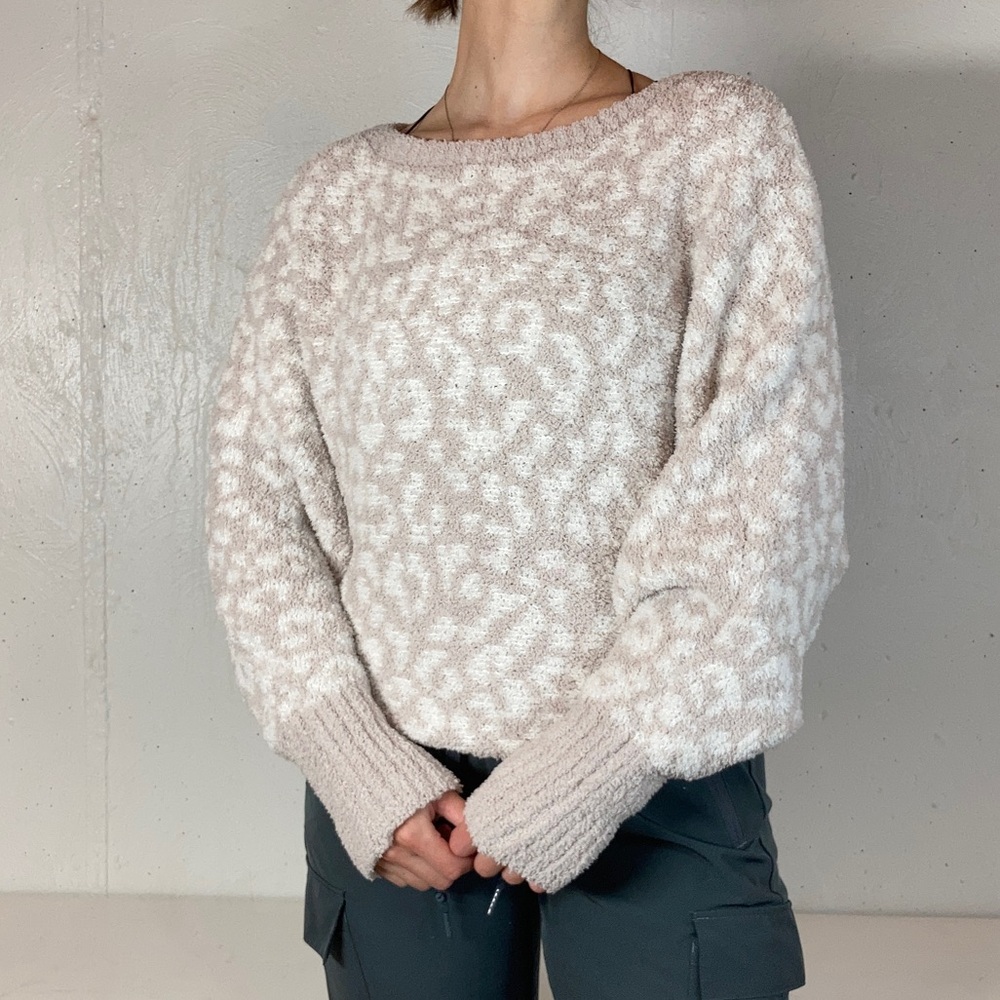 Fluffy Cream + White Leopard Print Crewneck Knit Sweater